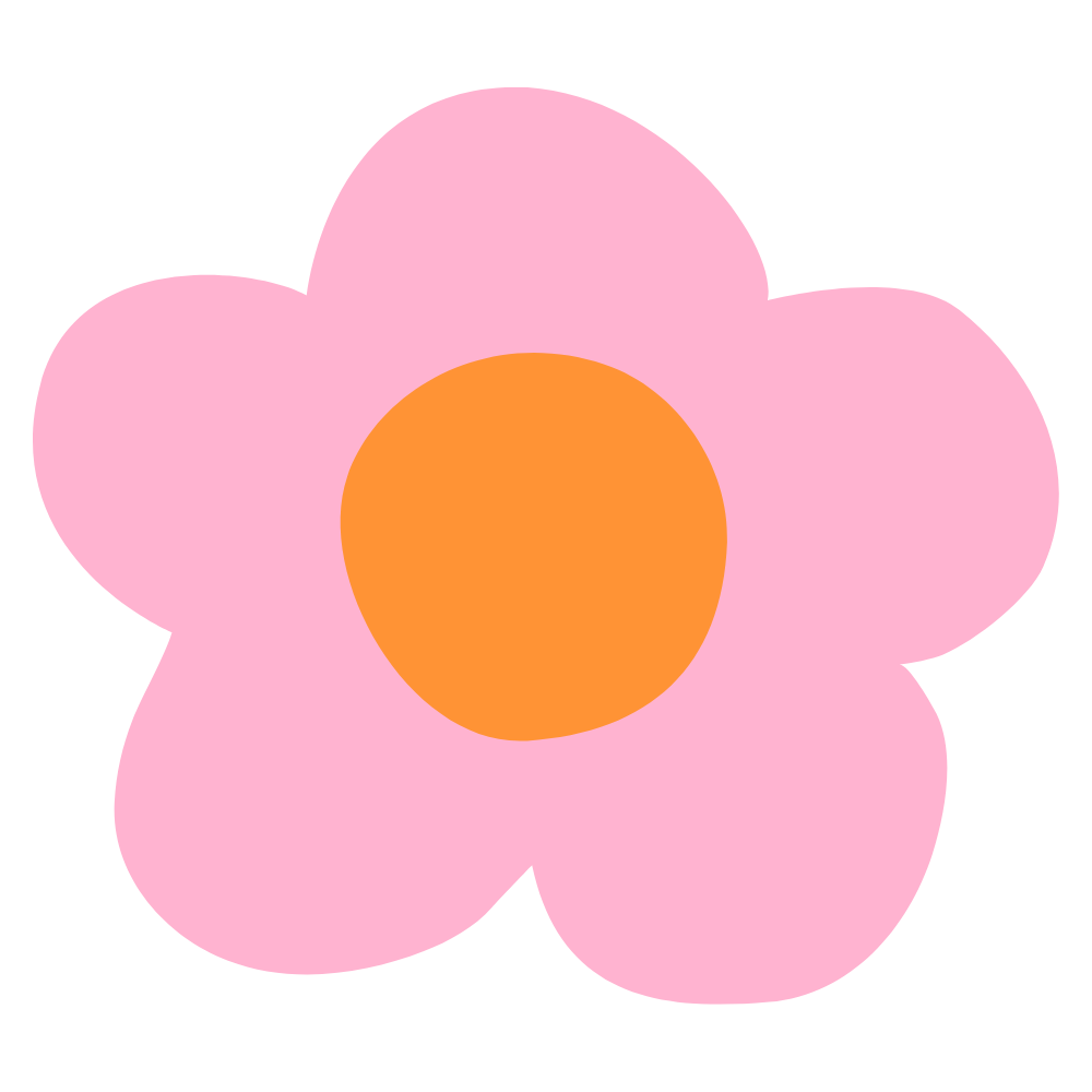 Simple cartoon illustration of a pink flower with five rounded petals and an orange center.