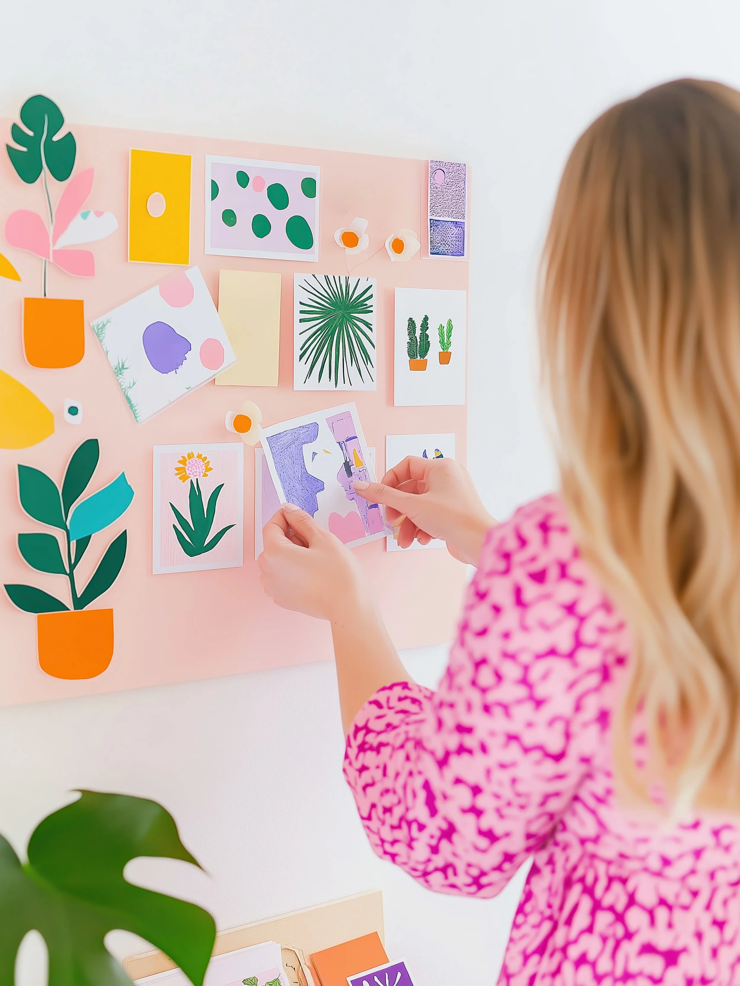Person in a pink patterned shirt arranging colorful postcard-sized images on a pink display board decorated with various cutouts of plants and abstract art.