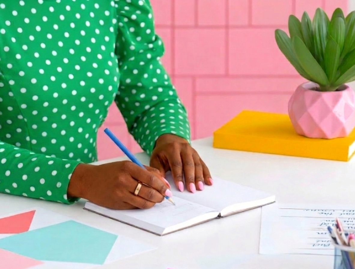 A person wearing a green polka-dot shirt is writing in a notebook with a blue pen. The person's fingernails are painted pink and they are wearing a gold ring. On the table, there are colorful papers, a sheet of paper with writing, and a cup of pens. In the background, there is a pink wall and a pink plant pot with green leaves on a yellow book.