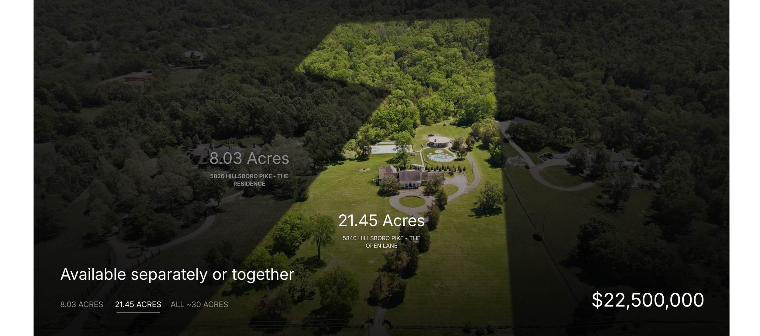 Aerial view of a large estate with extensive green lawns and wooded areas. Overlay text indicates property sizes of 8.03 acres, 21.45 acres, and a total of approximately 30 acres. The estate highlighted is for sale at $22,500,000.