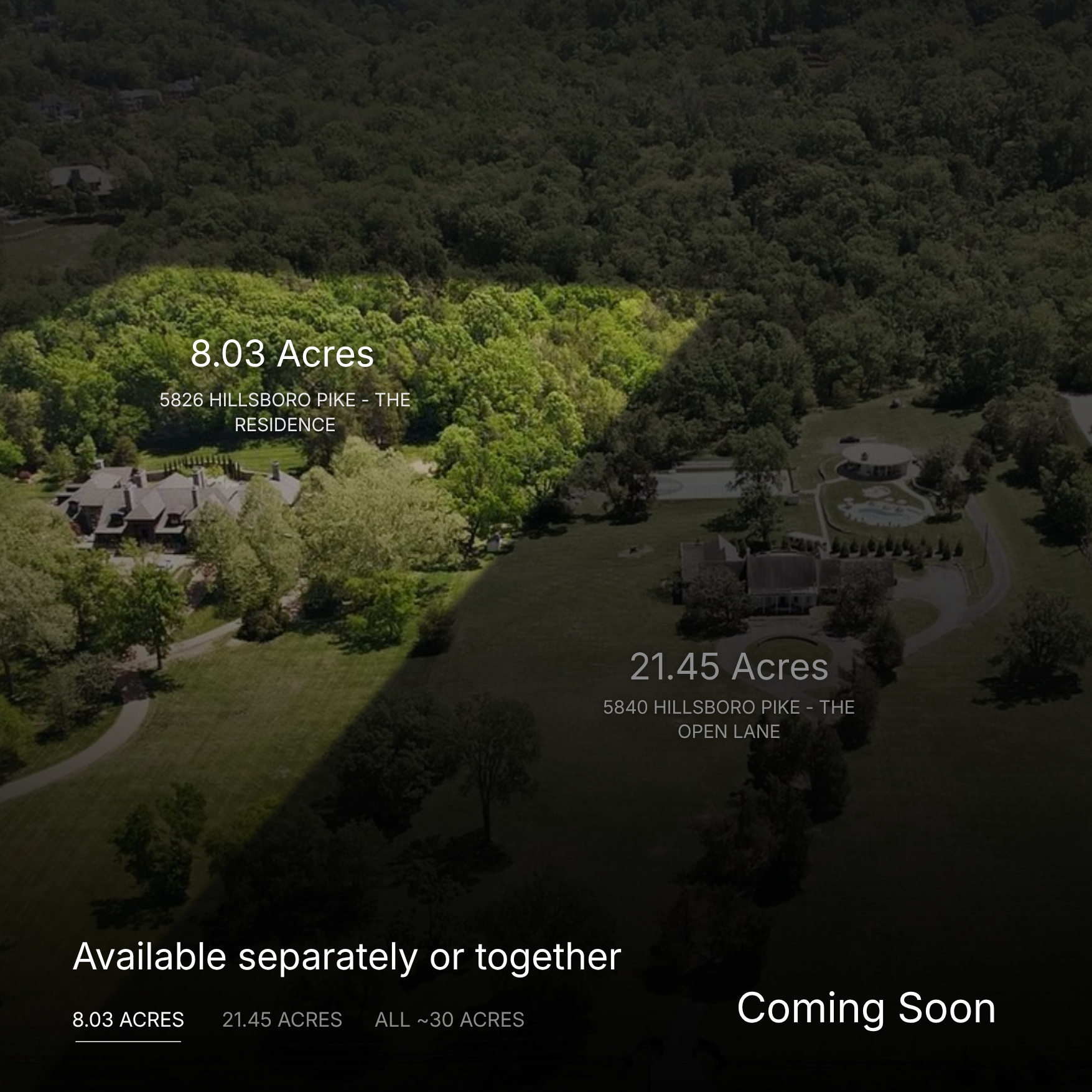 Aerial view of a large residential property divided into separate sections with different acreages, surrounded by trees and greenery, showing areas labeled as 8.03 acres, 21.45 acres, and a coming soon section.