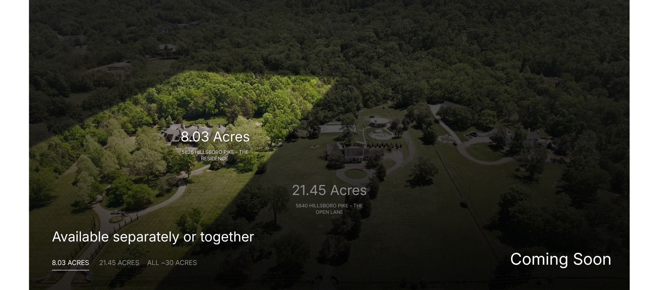 Aerial view of an investment opportunity with a residence on 8.03 acres outside of Nashville, TN. Coming soon. Not yet listed. 