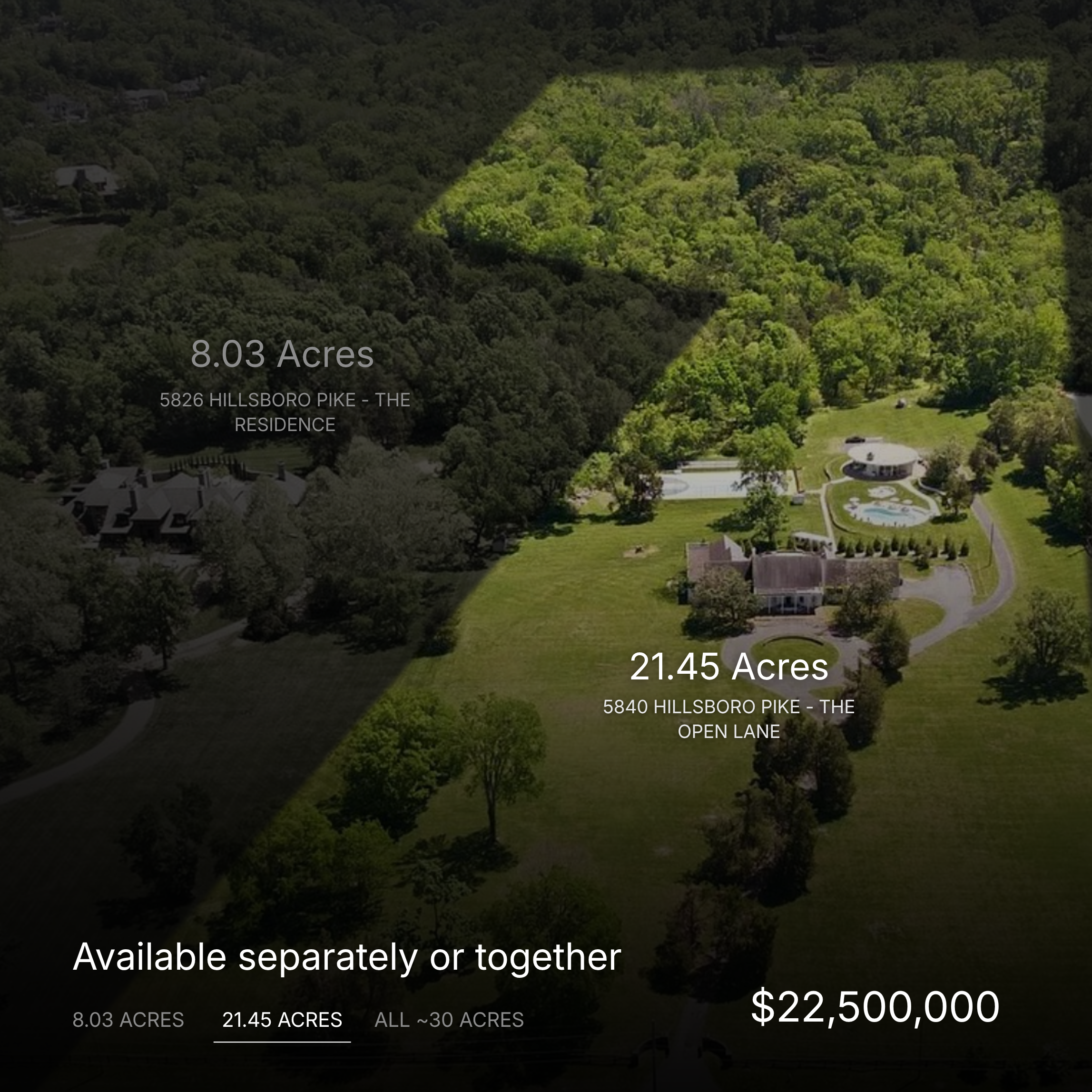 Aerial view of a large estate with extensive green lawns and wooded areas. Overlay text indicates property sizes of 8.03 acres, 21.45 acres, and a total of approximately 30 acres. The estate highlighted is for sale at $22,500,000.