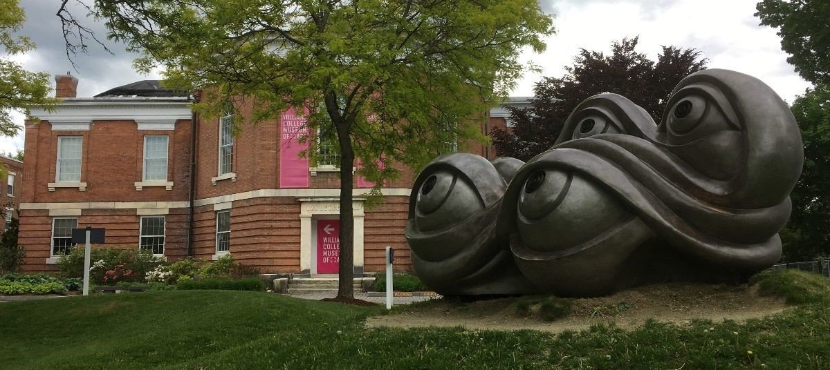 A large, abstract metal sculpture of a frog is situated on the grass in front of a brick building with banners that read 'William College Museum of Art.' The scene includes trees and a cloudy sky.