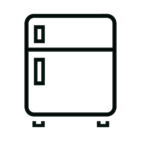 Outline drawing of a two-door refrigerator with a top freezer and bottom fridge section, with handles on each door.