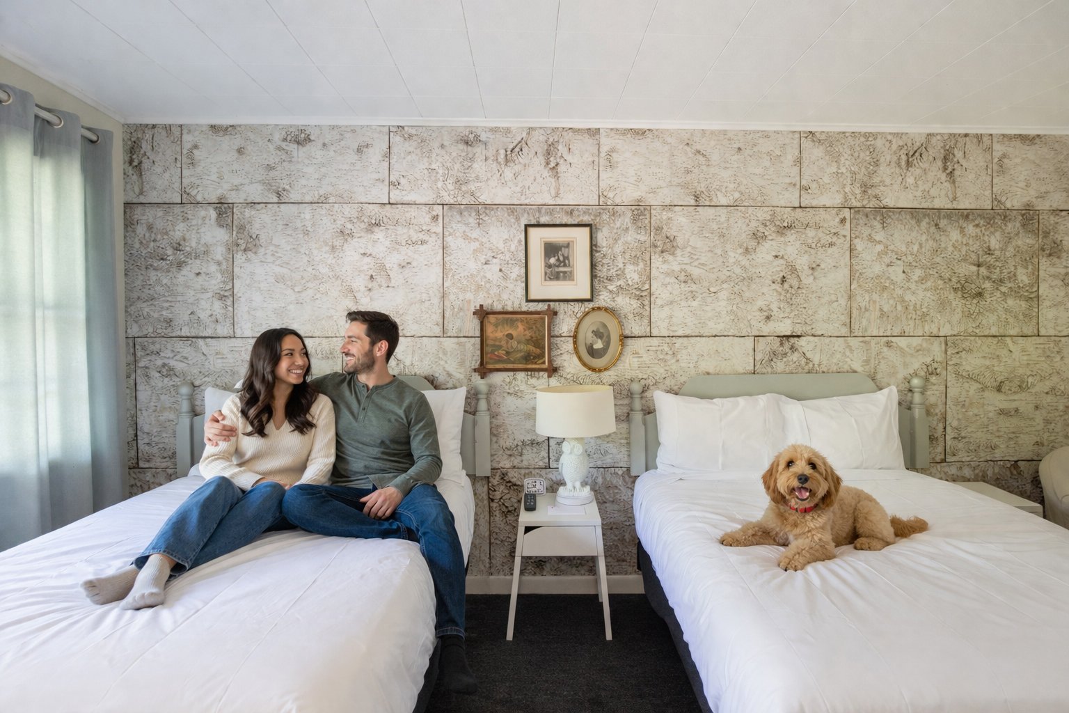 A couple sitting on a bed in a bedroom with patterned wall, smiling at each other, with a dog lying on the adjacent bed.