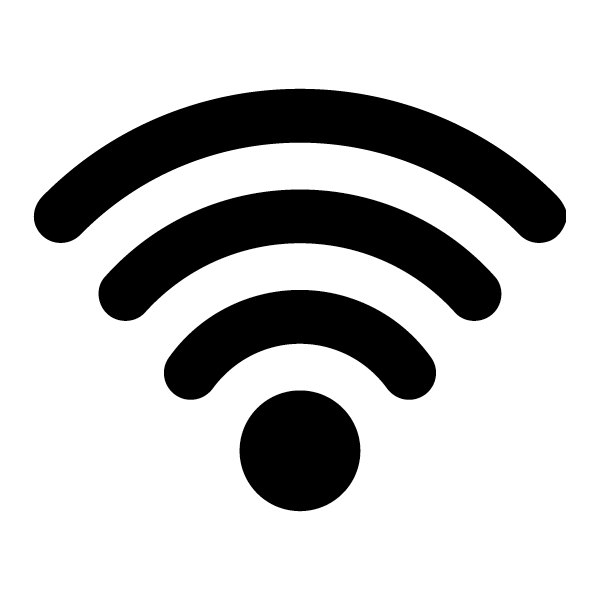 Black icon of a Wi-Fi signal with three curved bars above a small circle, symbolizing wireless internet connectivity.
