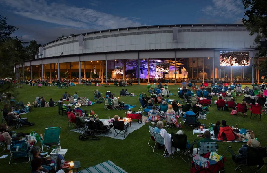 Outdoor concert at night with people seated on chairs and blankets on grass in front of a large, modern, semi-circle theater with LED screens and a brightly lit stage.