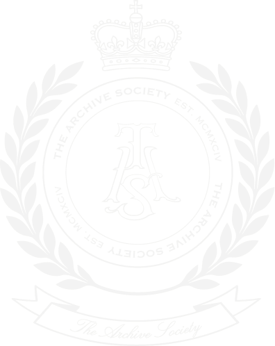 Emblem of The Archive Society Est. 1963, featuring a royal crown, laurel branches, and a ribbon with the phrase 'The Archive Society' and the motto 'The Future Society'.