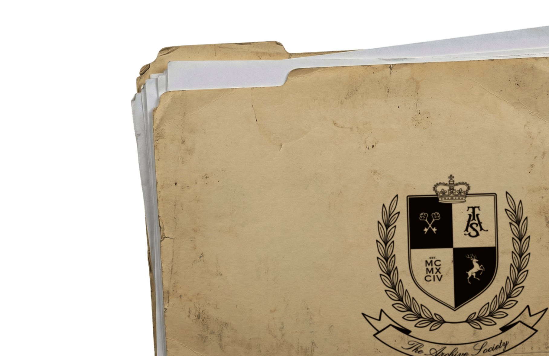 A worn, old beige folder with a detailed crest and laurel leaves emblem on the front cover, labeled 'The Archive Society'.