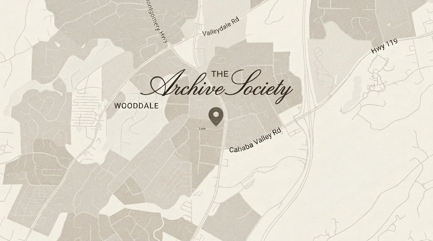 A map of an area called The Archive Society in Wooddale, showing streets and landmarks including Valleydale Rd, Cahaba Valley Rd, and Hwy 119.