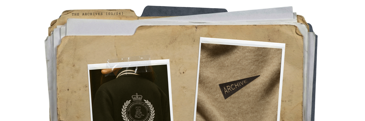 Folder filled with papers and photographs, some labeled 'The Archives' and 'Archive,' with photographs of a person in a blazer and close-up of fabric.