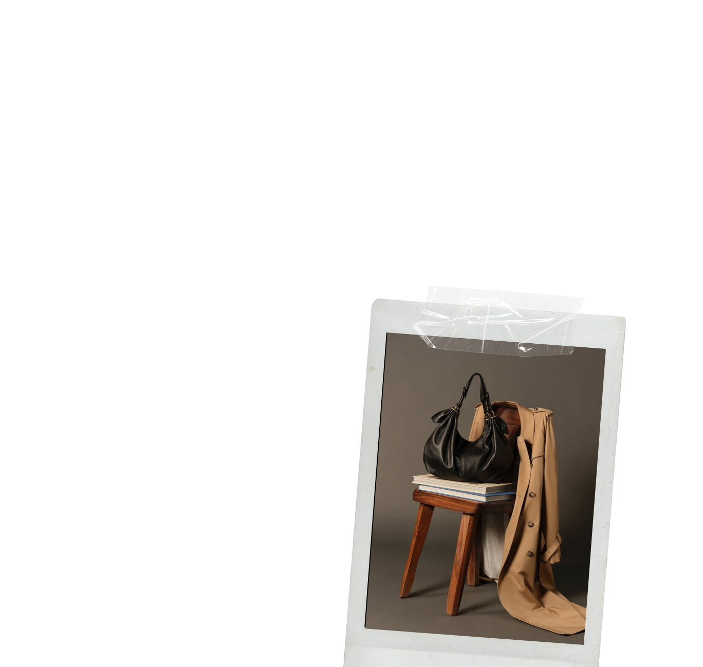 Polaroid-style photo of a black handbag, beige trench coat, and a stack of books on a small wooden stool against a neutral background.