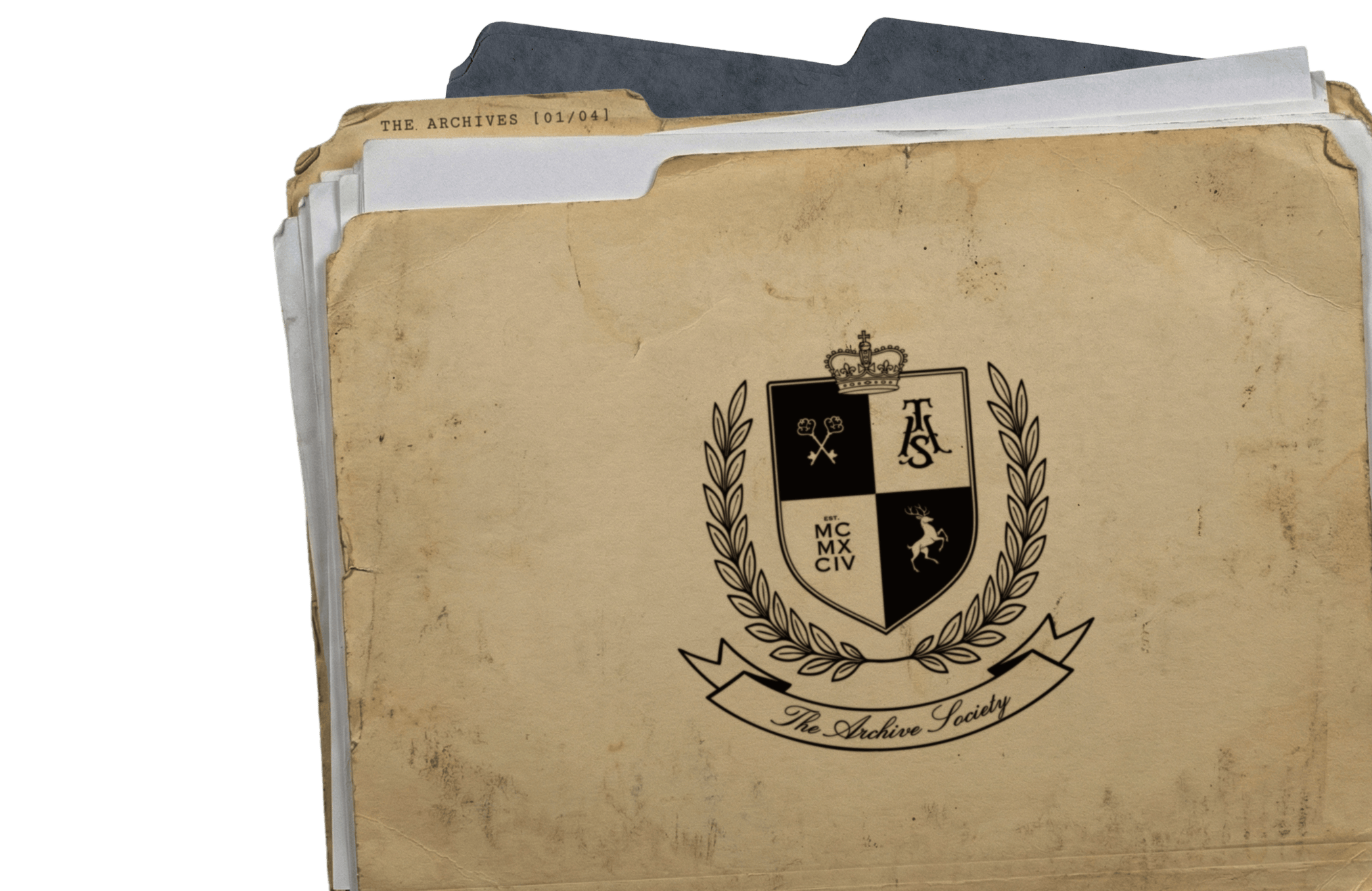 Stack of vintage file folders with a logo of a shield, laurel wreath, crown, and the words "The Archive Society" on the front folder.