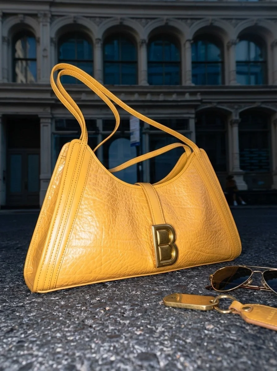 A yellow leather handbag with a large 'B' emblem on the front, a pair of sunglasses, and a keychain with a yellow leather strap, all placed on the street with a historic building in the background.