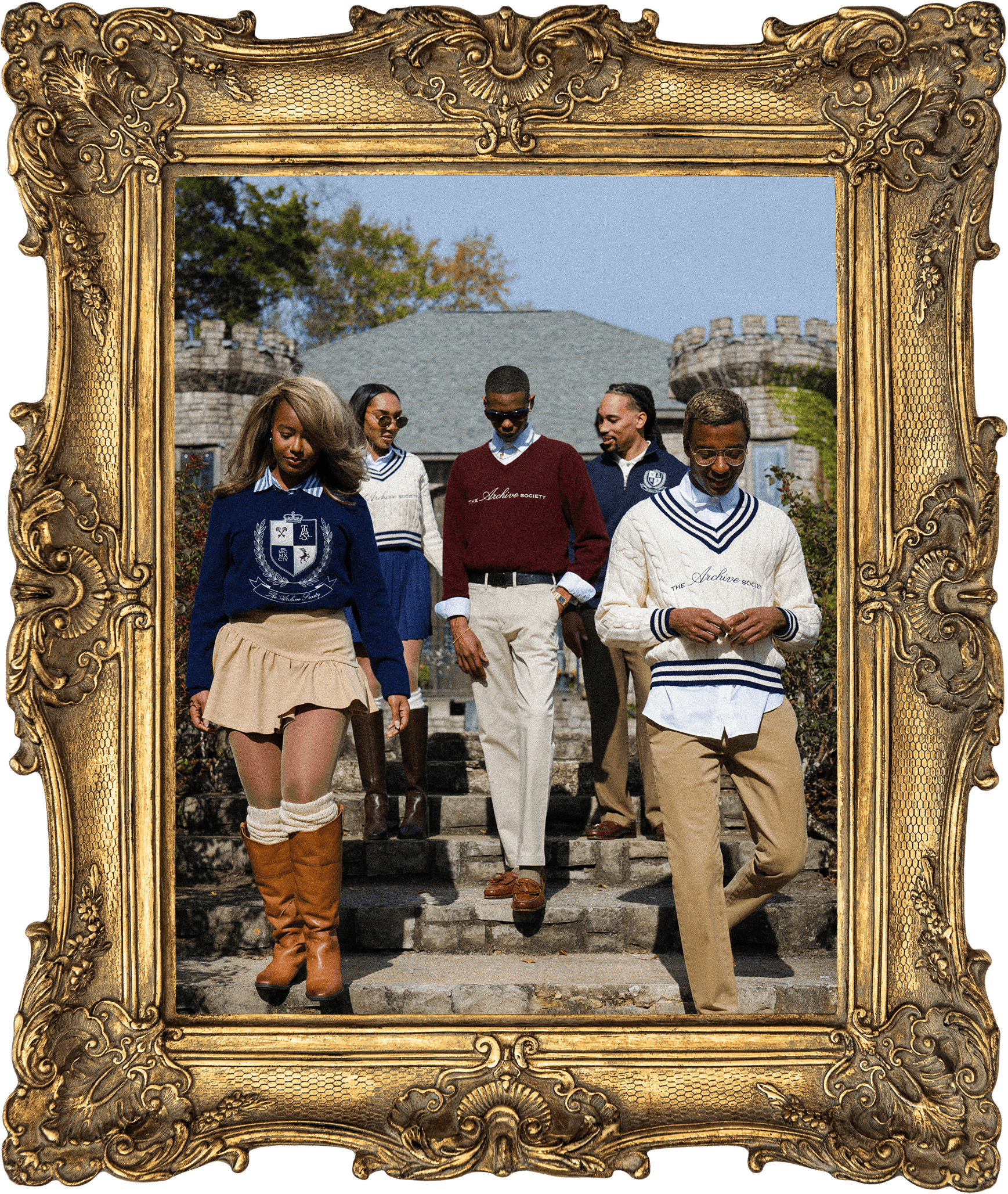 A group of young adults walking down stone steps outside, dressed in preppy, vintage-inspired clothing with sweaters and skirts or khakis, with a castle-like building and trees in the background, framed with an ornate gold frame.