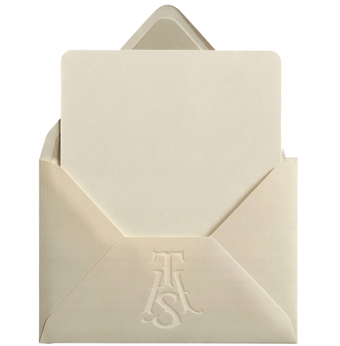 Cream-colored envelope with an embossed monogram letter 'S' on the flap, partially open with a blank card inside.