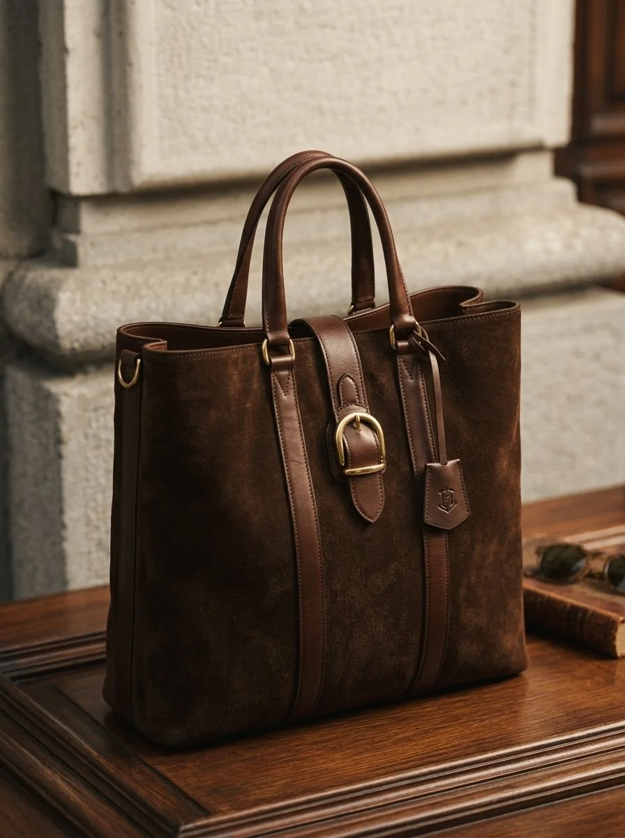 Brown leather tote bag on a wooden surface in front of stone wall.