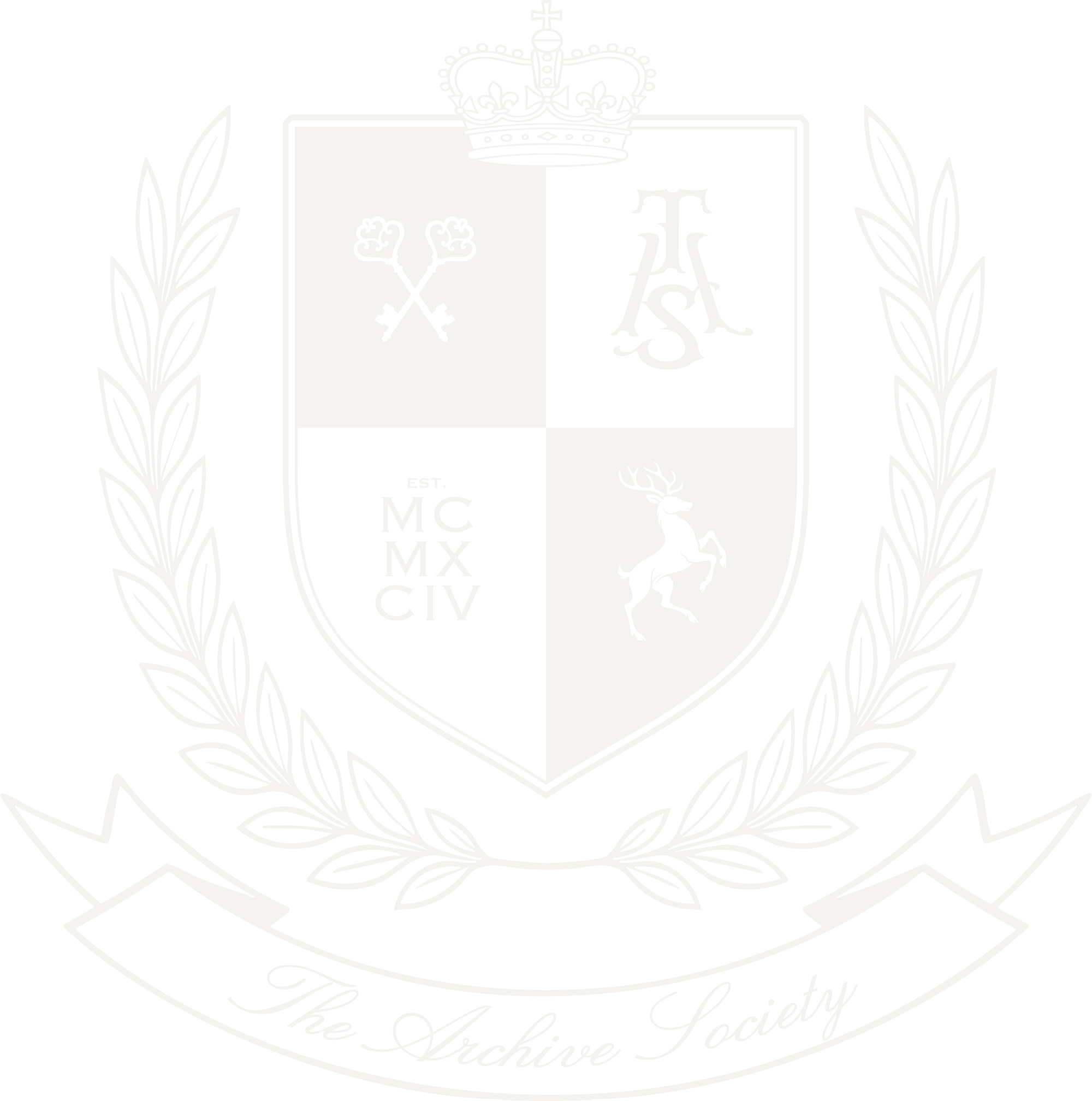 A black and white emblem with a crowned crest divided into four quadrants, surrounded by a laurel wreath and a ribbon with the text 'The Archive Society.'