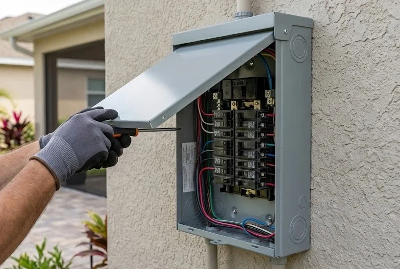 A person wearing gray gloves working on an open electrical breaker box mounted outside a house.