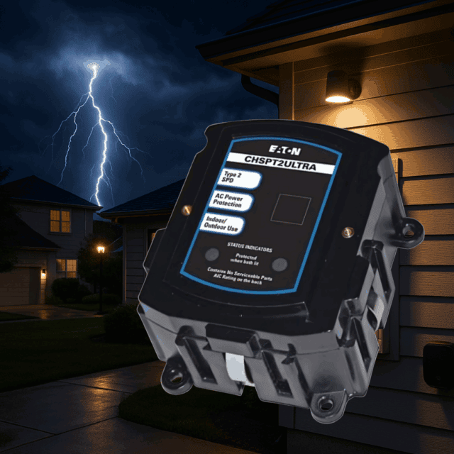 Lightning storm with a house in the foreground, and a black electrical device with a blue label attached to the house exterior.