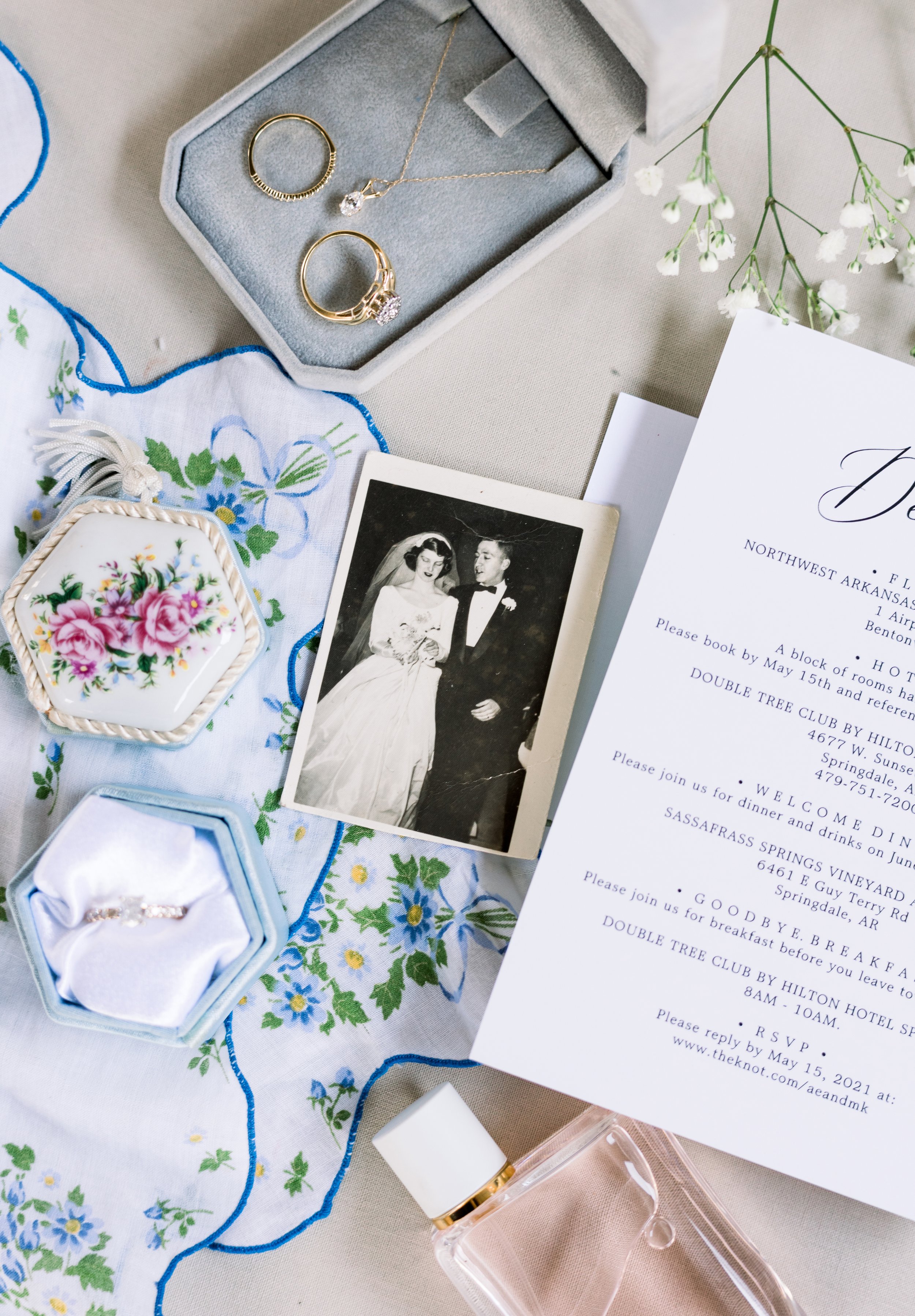 A vintage black-and-white wedding photo of a bride and groom, a set of jewelry including rings, a necklace, and a perfume bottle, a wedding invitation, a floral handkerchief, a decorative dish with a floral pattern, and a sprig of white flowers on a 