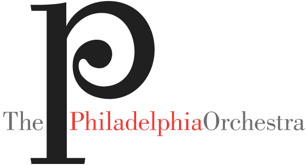 Logo of the Philadelphia Orchestra with a large gray 'p' and the words 'The Philadelphia Orchestra' in gray and red.