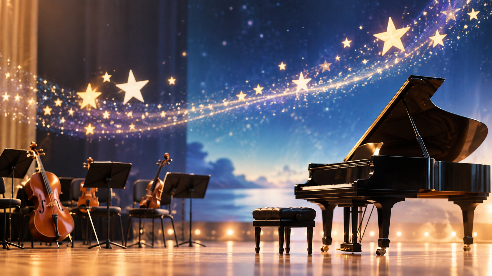 A stage with a grand piano, several string instruments, and music stands, set against a backdrop of a starry night sky with trails of glowing stars.