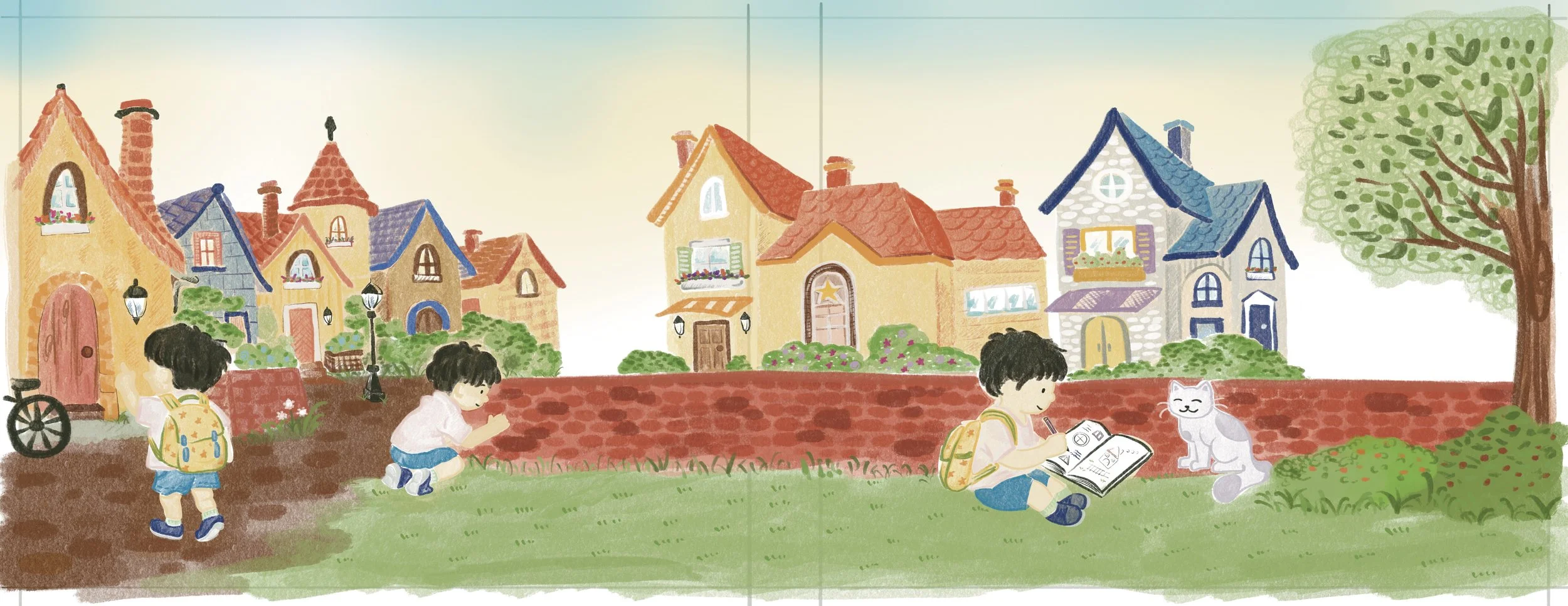 Children playing, reading, and drawing outside a row of colorful houses with lush greenery and a large tree.