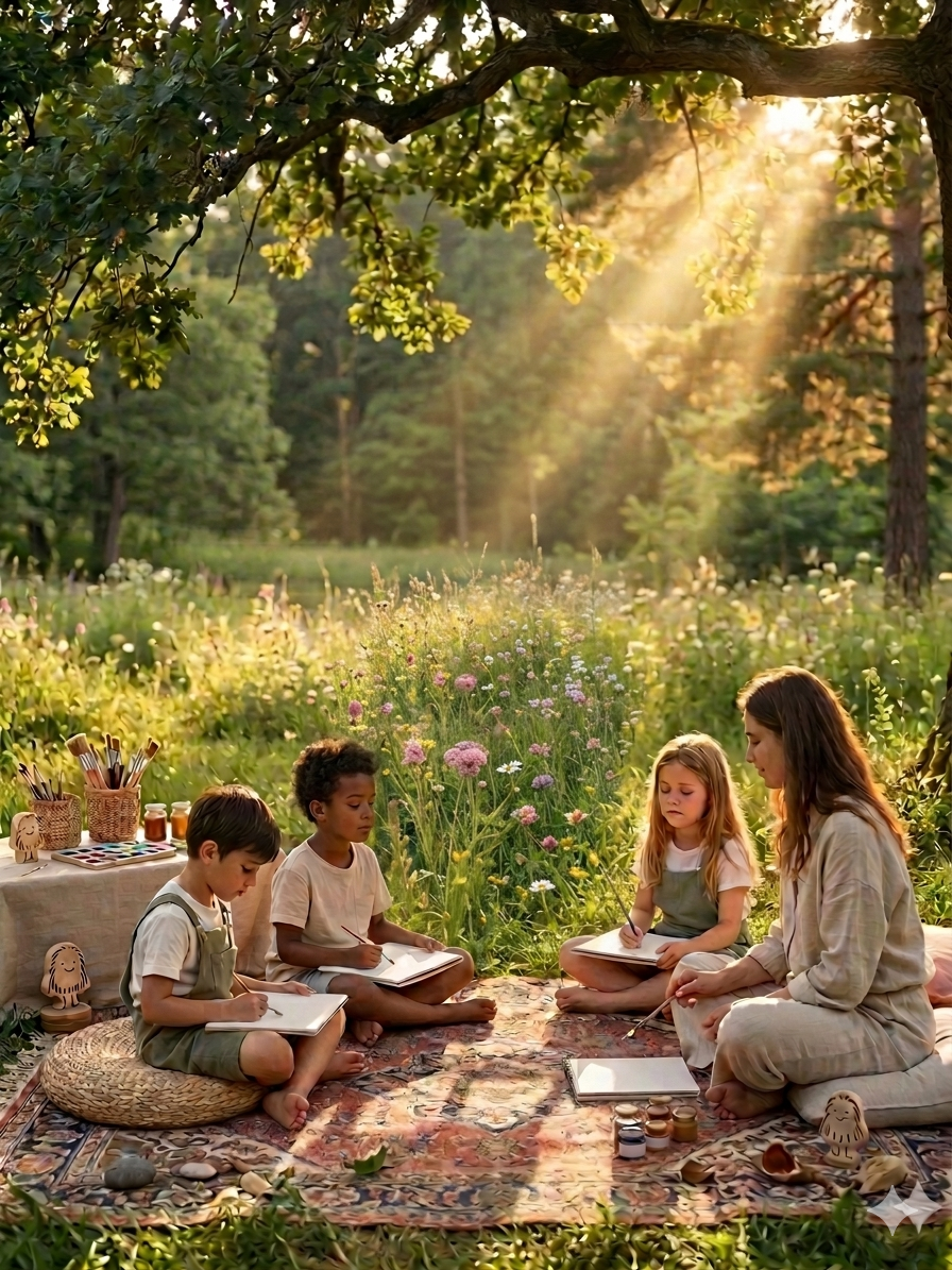 A woman and three children sitting on a blanket outdoors in a lush garden, drawing in sketchbooks with sunlight streaming through the trees.