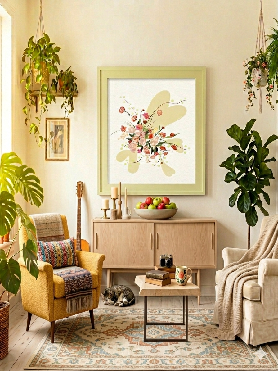 Living room with yellow armchair, cream-colored armchair, wooden cabinet, abstract floral artwork, hanging and potted plants, cat on the floor, small coffee table with books, mug, and camera, and a rug.