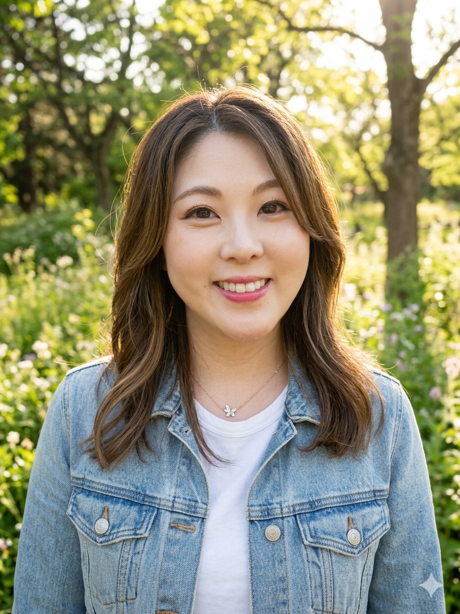 A young woman with shoulder-length brown hair smiling outdoors with trees and sunlight in the background.
