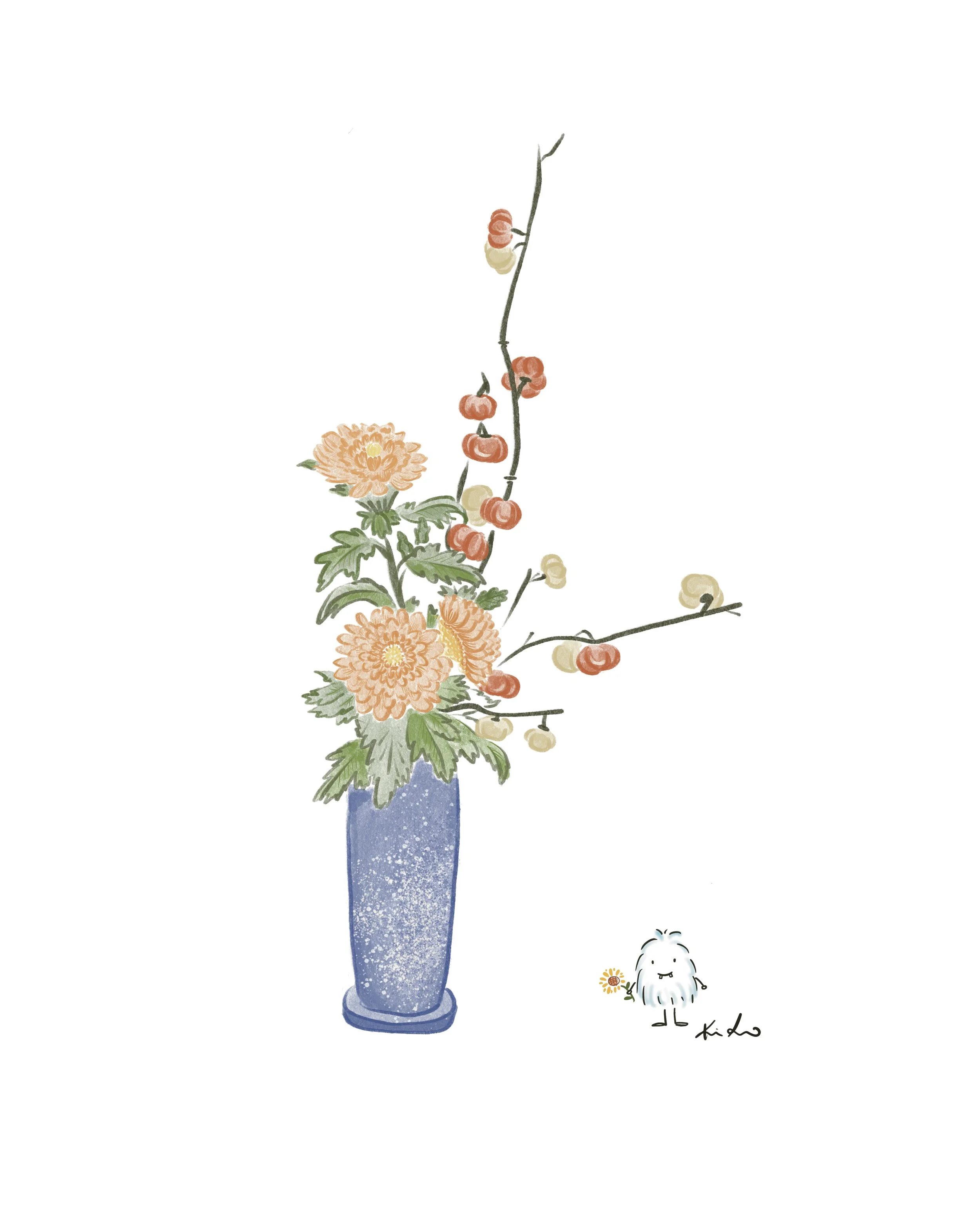 Watercolor illustration of a tall blue vase with peach-colored chrysanthemums and a trailing branch with orange and white berries, and a small cartoon character with a white fluffy body holding a yellow flower.