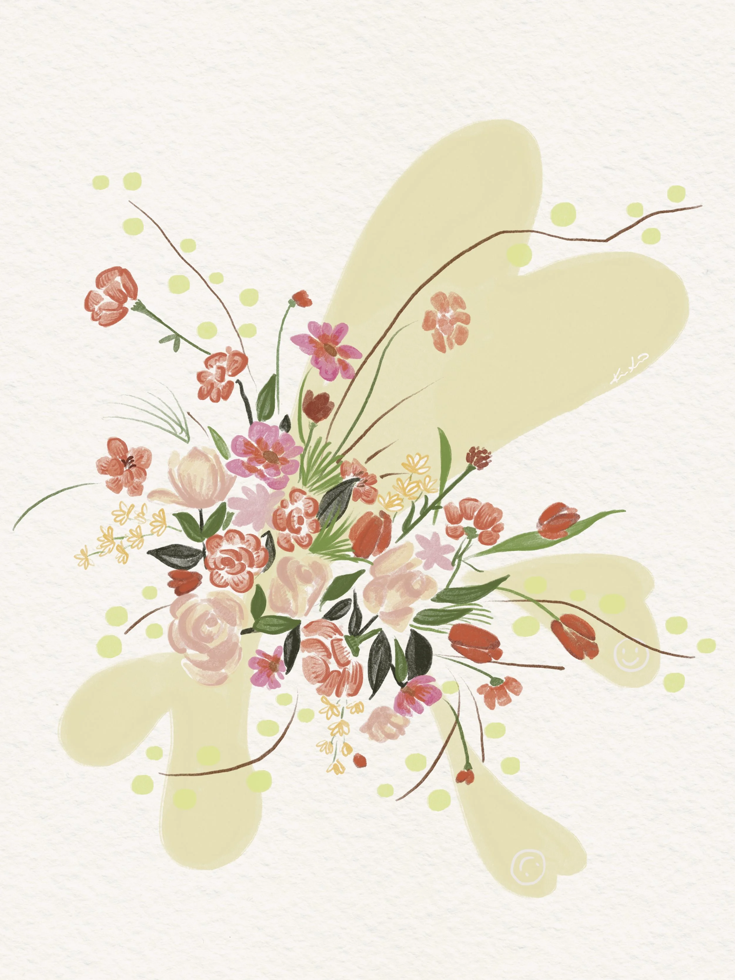 Digital illustration of a bouquet with pink, orange, and yellow flowers, green leaves, and abstract yellow shapes in the background.