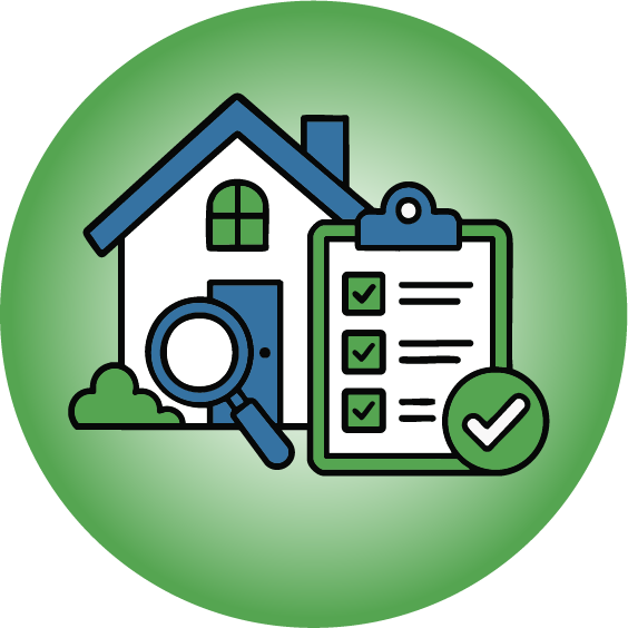 A house with a magnifying glass, checklist, and checkmark indicating an inspection or home evaluation.