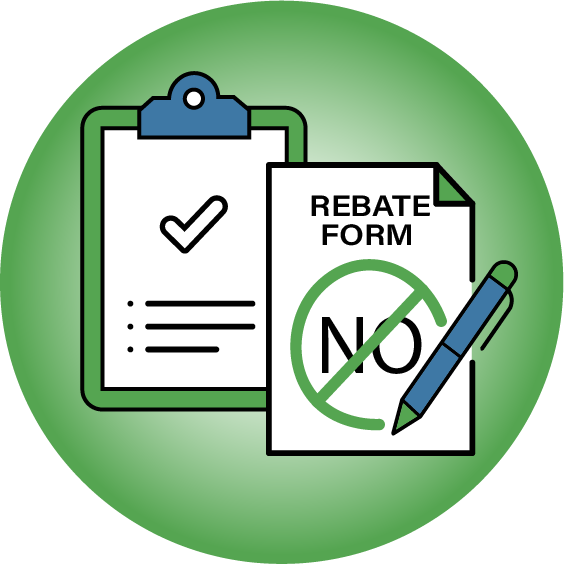 Illustration of a clipboard with a checkmark, a rebate form with a no symbol, and a pen, all on a green circular background.