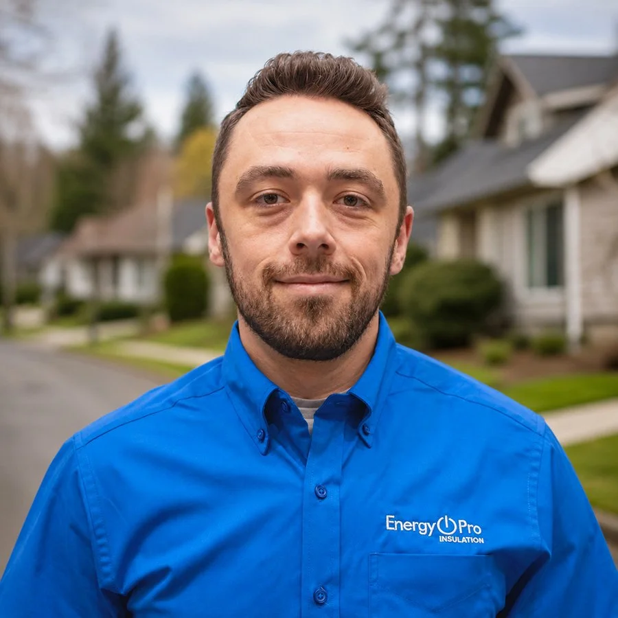 A man with a beard and short brown hair, wearing a blue collared shirt with 'Energy Pro Insulation' logo, standing outdoors in a neighborhood with houses and trees in the background.