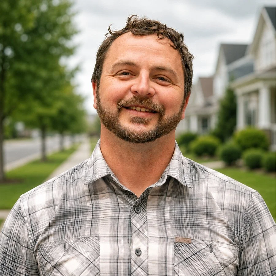 A smiling man with a beard and short curly hair, wearing a gray plaid shirt, standing on a suburban sidewalk with houses and trees in the background.
