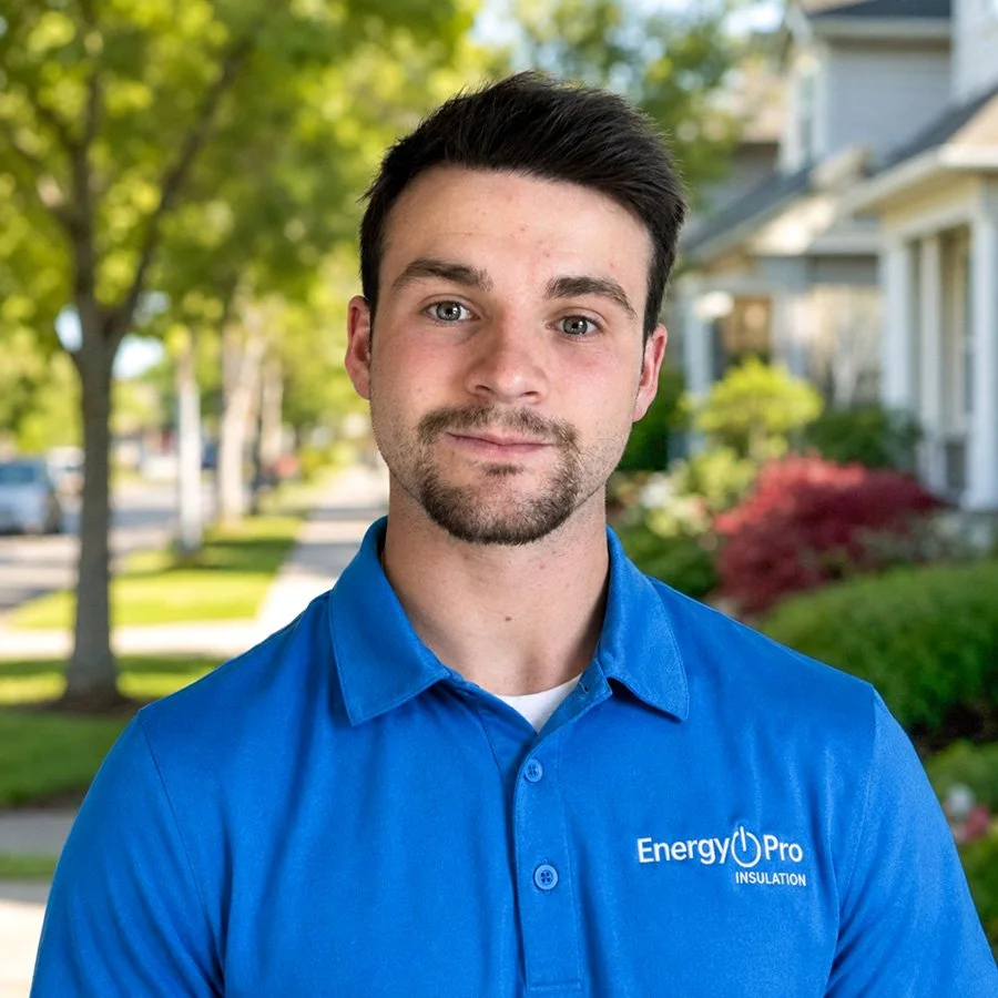 Young man with dark hair and a beard, wearing a blue shirt with 'Energy Pro Insulation' logo, standing outdoors on a sunny residential street with trees and houses in the background.