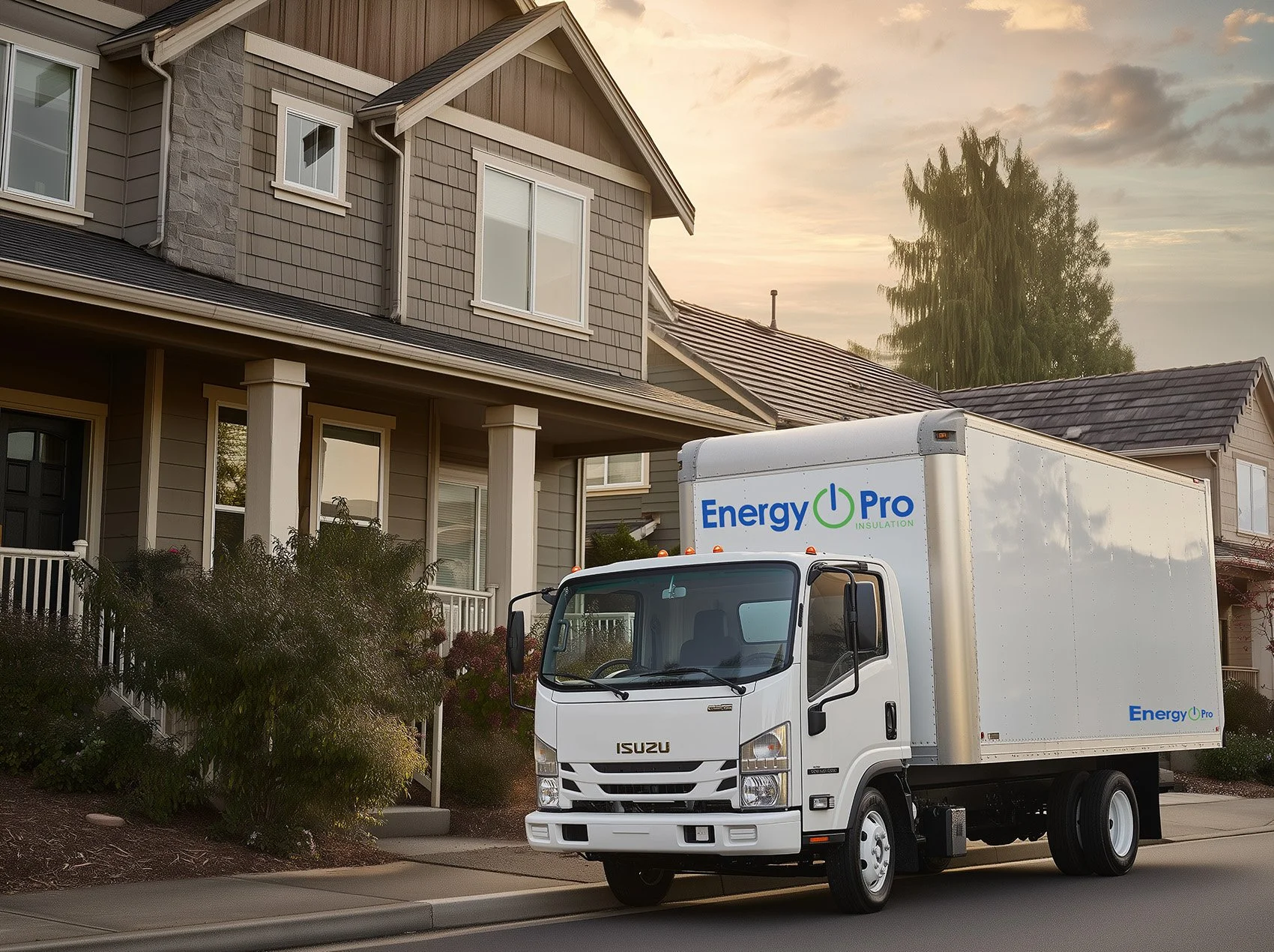A white Isuzu delivery truck with Energy Pro insulation branding parked in front of a residential house during sunset.