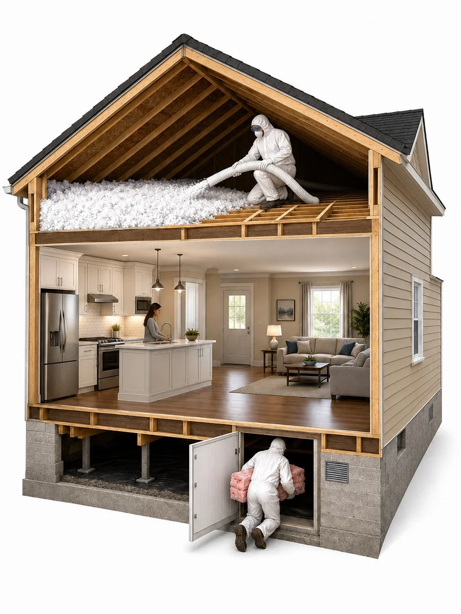 A cross-section of a house showing insulation installation. Two workers in protective clothing are installing insulation in the attic space, and one worker is placing insulation in the basement crawl space.