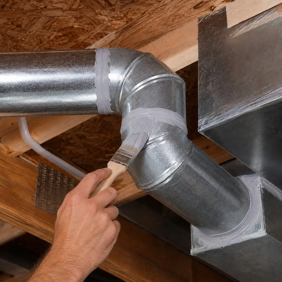 A person applying mastic sealant to a metal HVAC duct joint with a brush to seal the ductwork.