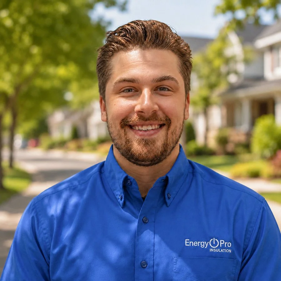 A smiling man with brown hair and a beard, wearing a blue button-up shirt with 'Energy Pro Insulation' logo, standing outdoors in a suburban neighborhood with trees and houses in the background.