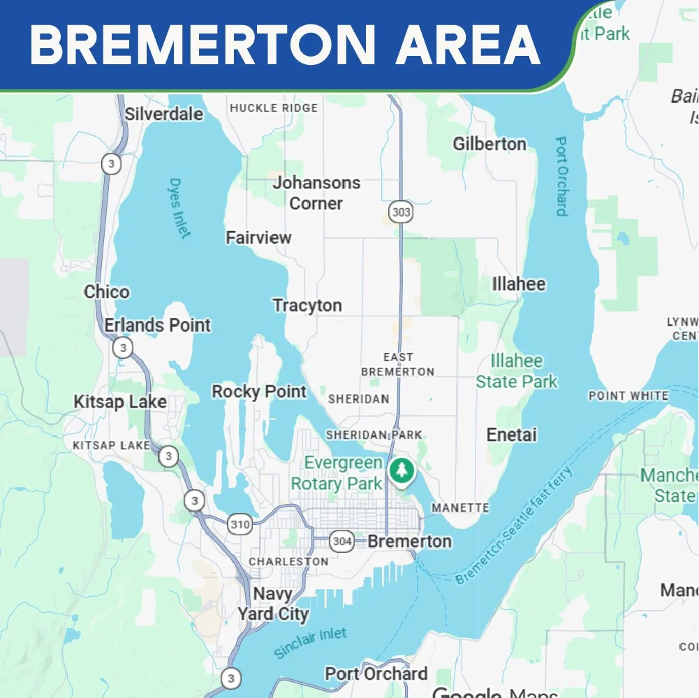Map of the Bremerton area showing energy pro insulation office coverage.