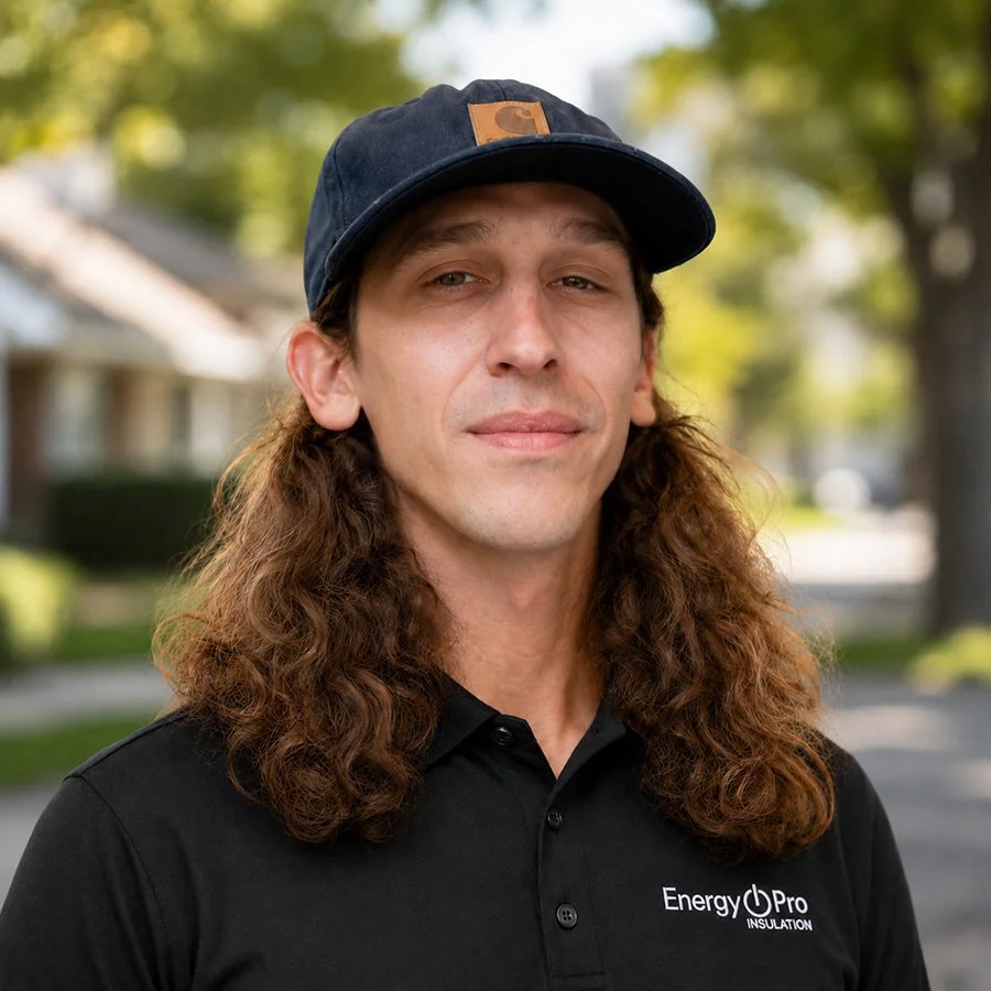 A man with long curly hair wearing a black polo shirt and a navy blue cap standing outdoors with trees and houses in the background.