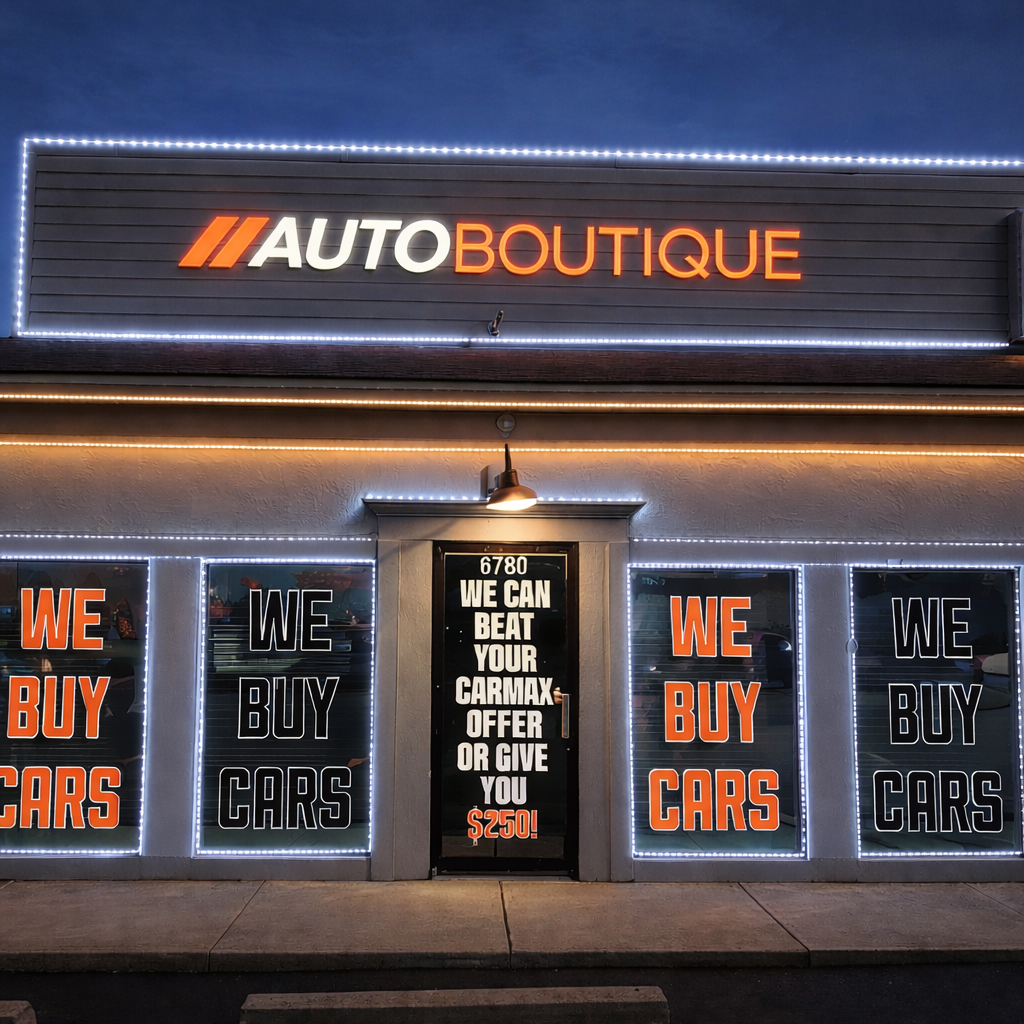 Exterior of an auto dealership with illuminated signs that say 'WE BUY CARS'. The main sign reads 'Auto Boutique'. The dealership has a door with a sign that states, 'We can beat your CarMax offer or give you $250!'