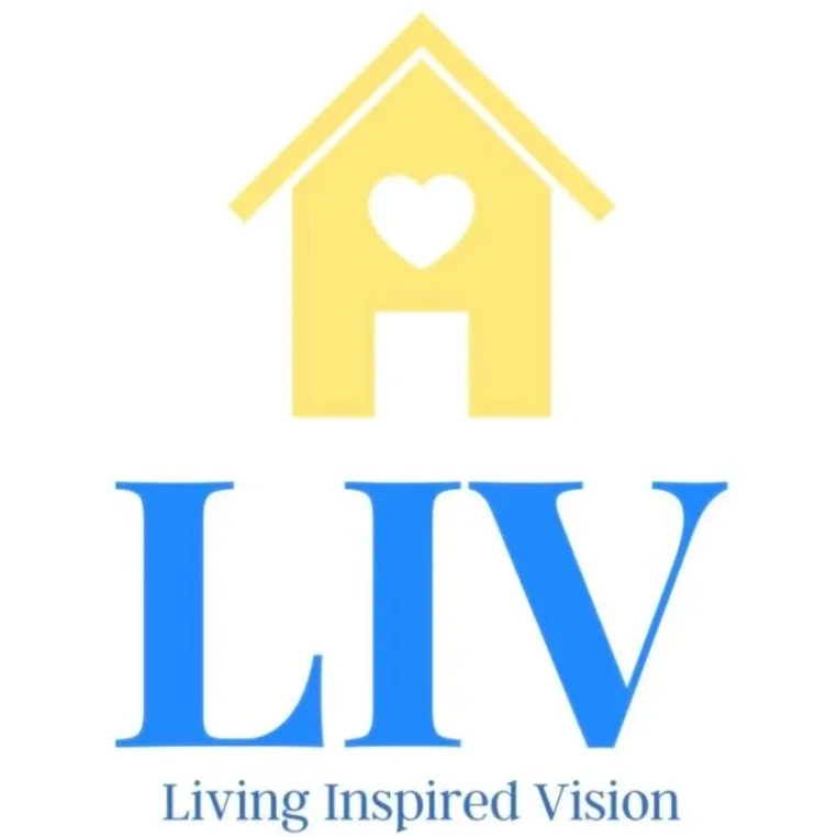 Logo with a yellow house featuring a heart at the top, and the abbreviation LIV in large blue letters, with the phrase "Living Inspired Vision" underneath.