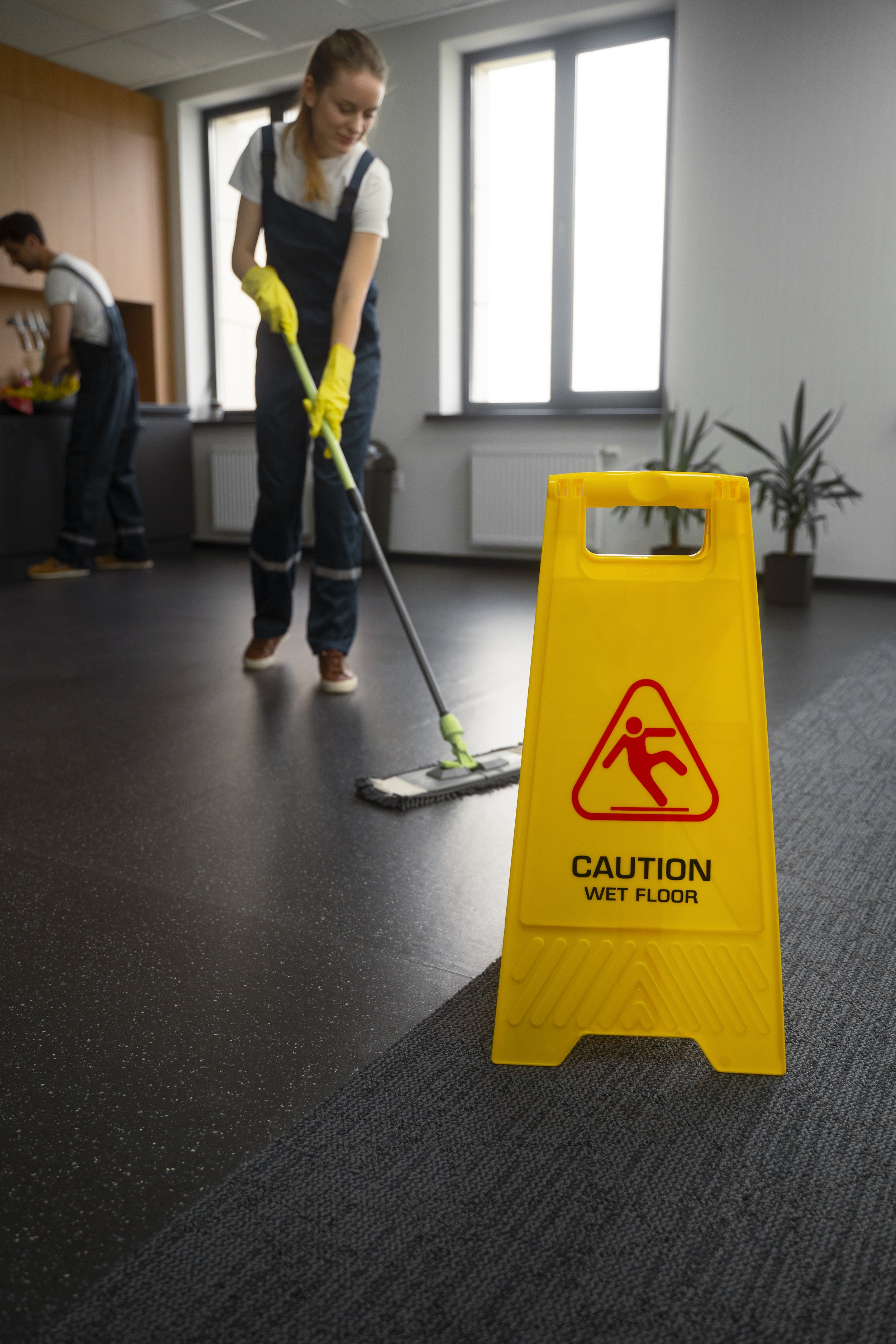 Cleaning staff mopping a wet floor in an office, with a yellow caution sign reading 'Caution Wet Floor' in the foreground.