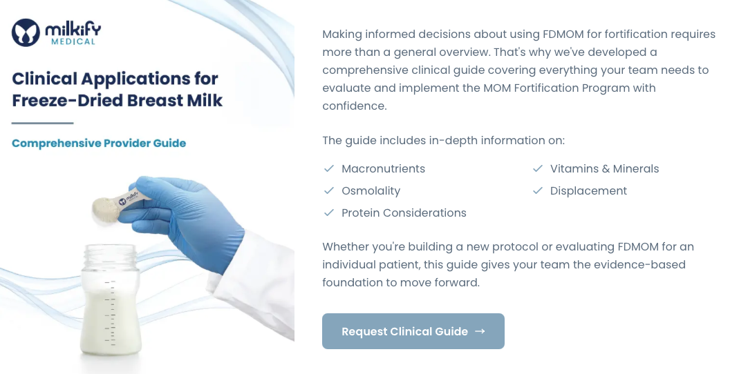 Healthcare professional in a white coat and blue glove holding a small vial of milk over a beaker filled with milk, with the Milkfy Medical logo and text about clinical applications for freeze-dried breast milk.