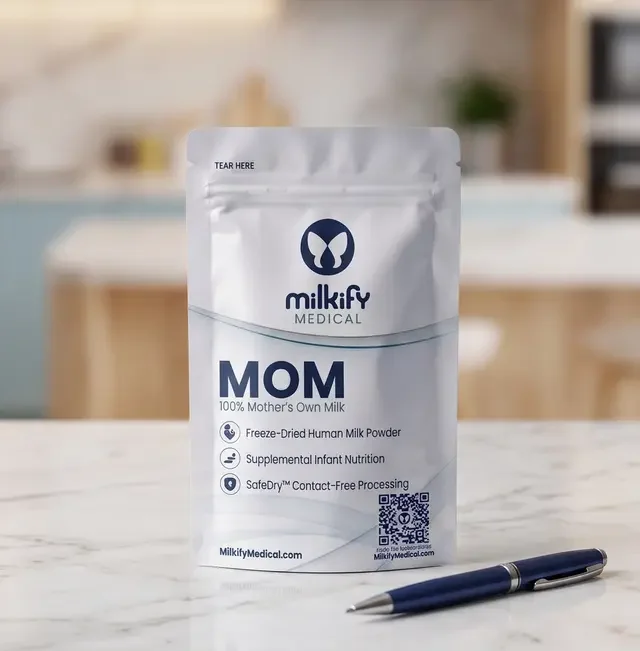 A white stand-up pouch labeled 'milkify MEDICAL MOM 100% Mother's Own Milk' containing freeze-dried human milk powder, with icons indicating supplementary infant nutrition and contact-free processing, placed on a marble surface next to a blue pen.
